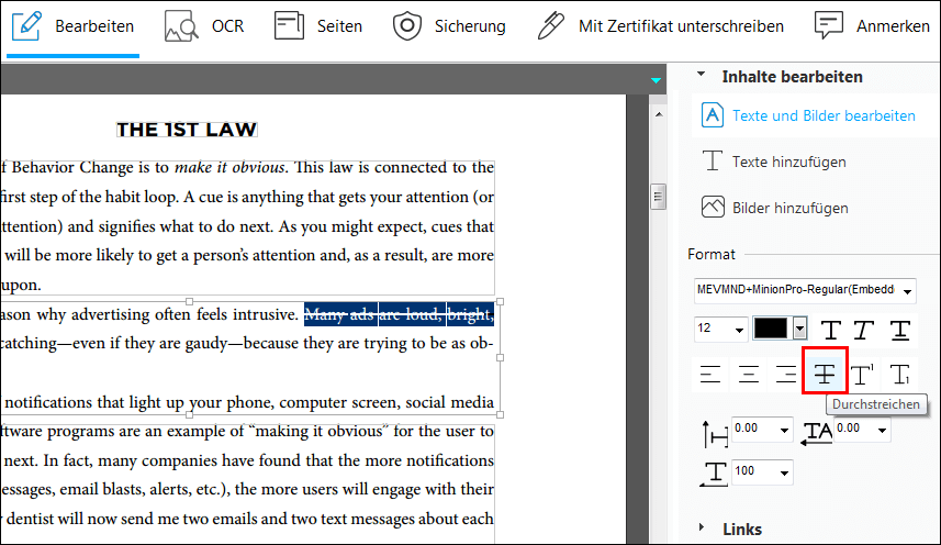 PDF-Text durchstreichen