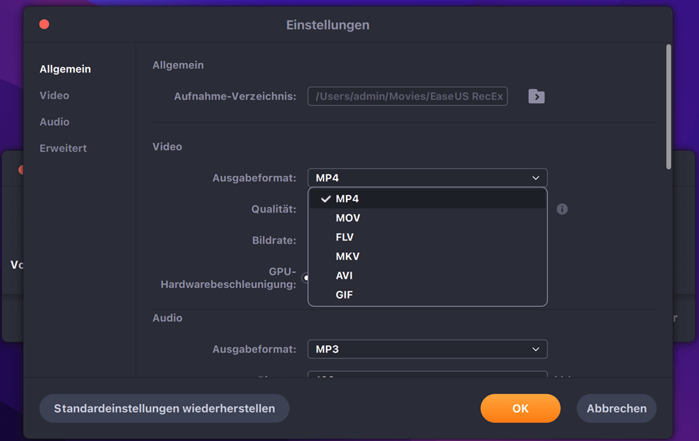 Output Format auf Mac ändern