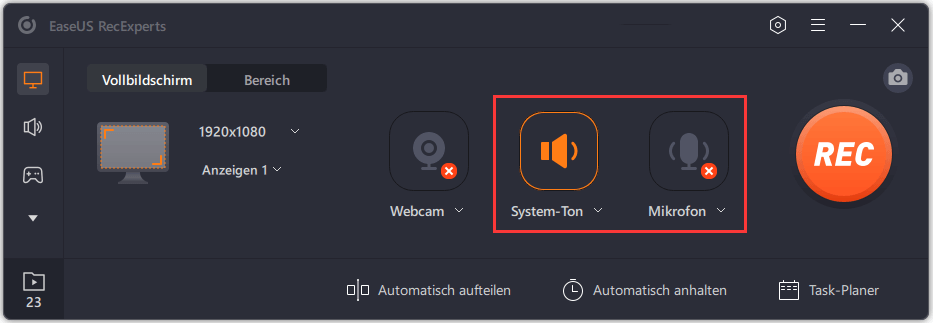 Bildschirm und Audioquelle auswählen