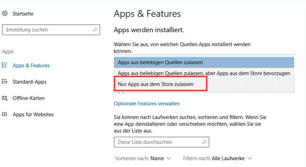 Nur Apps aus dem Store zulassen-