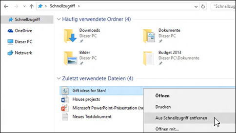 Dateien oder Ordner aus Schnellzugriff entfernen