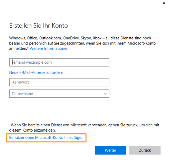 Benutzer ohne Microsoft-Konto hinzufügen