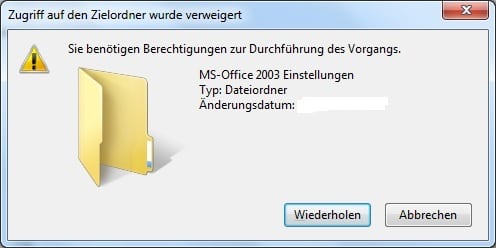 Fehlermeldung: Sie benötigen Berechtigungen zur Durchführung des Vorgangs