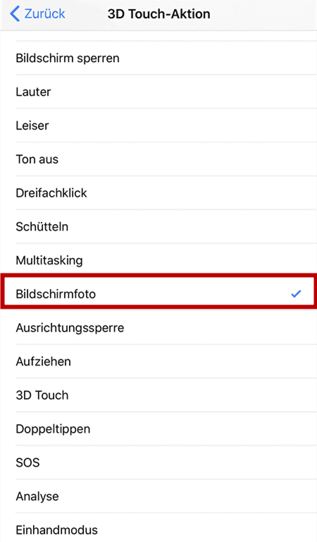wählen Sie Bildschirmfoto in 3D Touch-Aktion, um Screenshot aufzunehmen