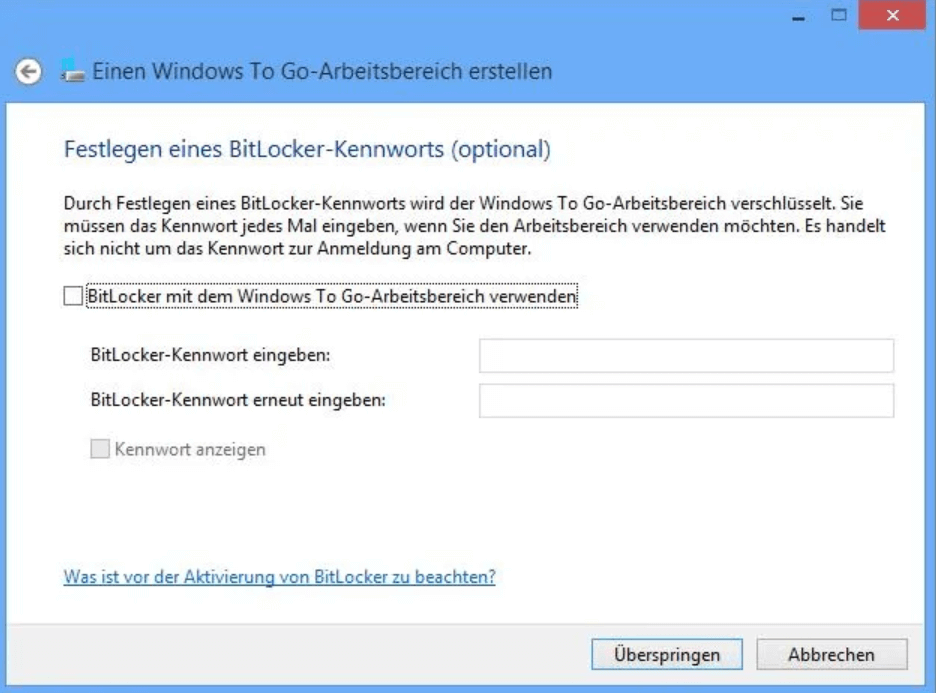 Windows to go Bitlocker Verschlüsseln aktivieren.