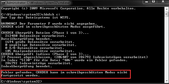 CHKDSK kann im schreibgeschützten Modus nicht fortgesetzt werden