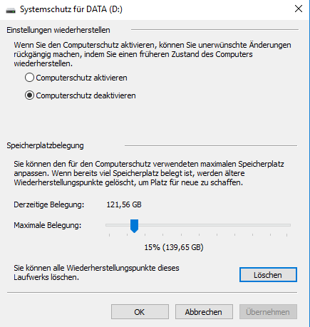 Systemwiederherstellung deaktivieren, wenn das Laufwerk C automatisch voll wird