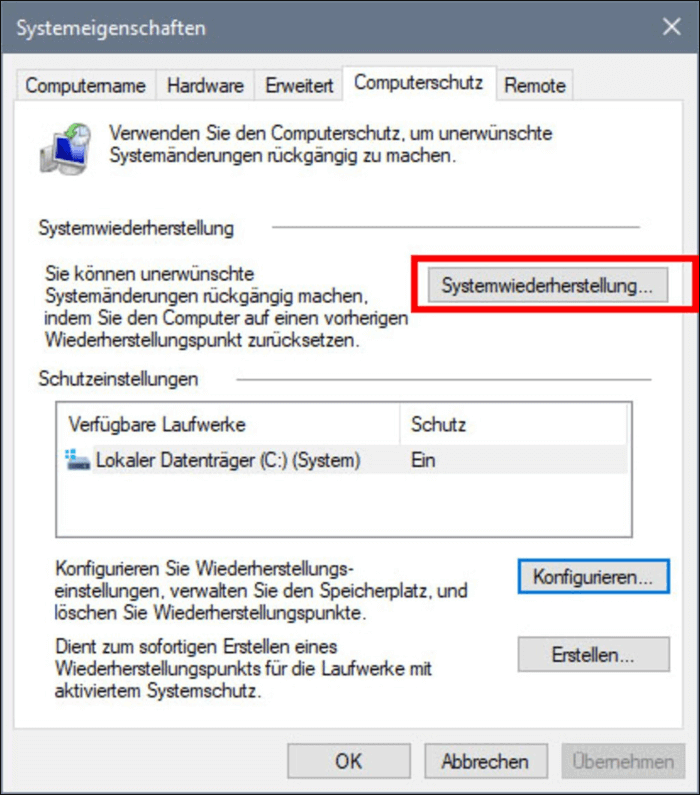 Systemwiederherstellung unter Computerschutz öffnen.