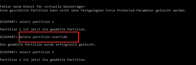 Wiederherstellungspartition mit der Eingabeaufforderung löschen