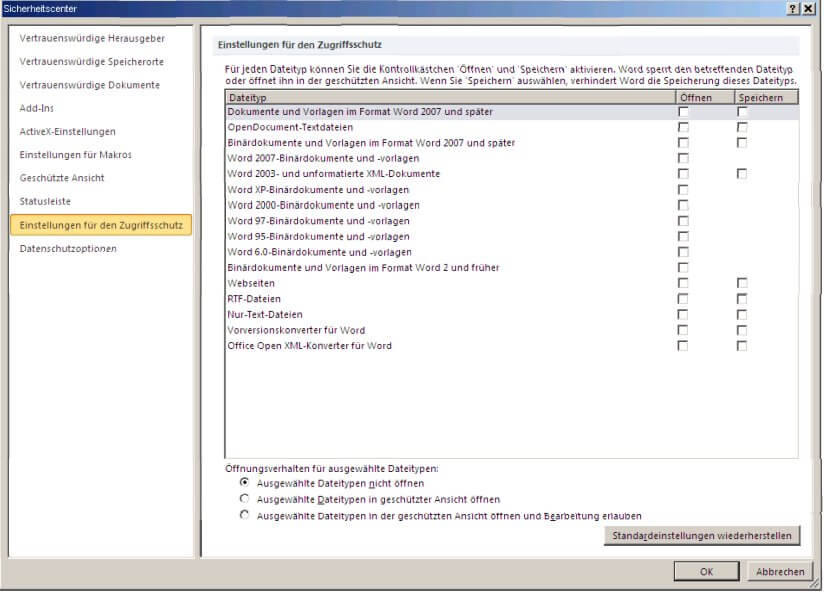 Word Einstellungen für den Zugriffsschutz