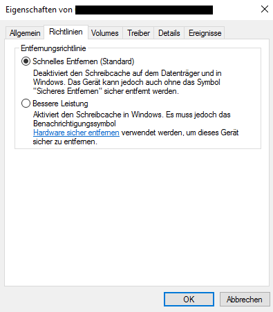 Entfernungsrichtlinie auf Bessere Leistung zurücksetzen