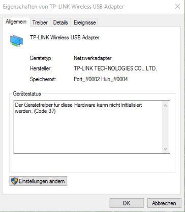 Der Gerätetreiber für diese Hardware kann nicht initialisiert werden (code 37)