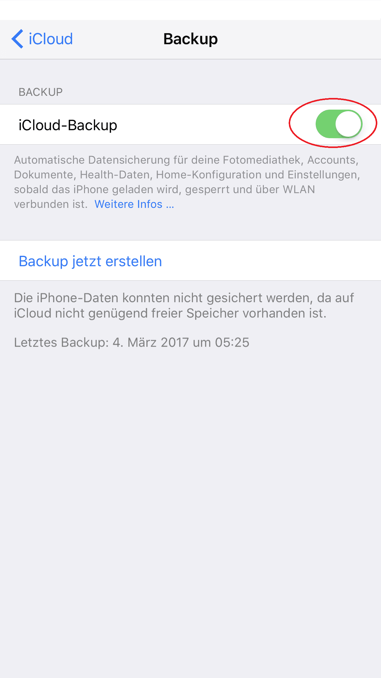 iCloud-Backup aktivieren und Backup jetzt erstellen.