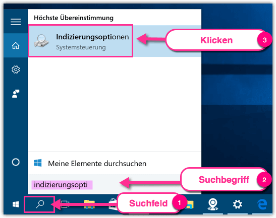 Indizierungsoptionen aufrufen