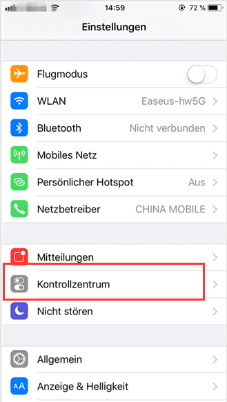 Gehen Sie zu Kontrollzentrm