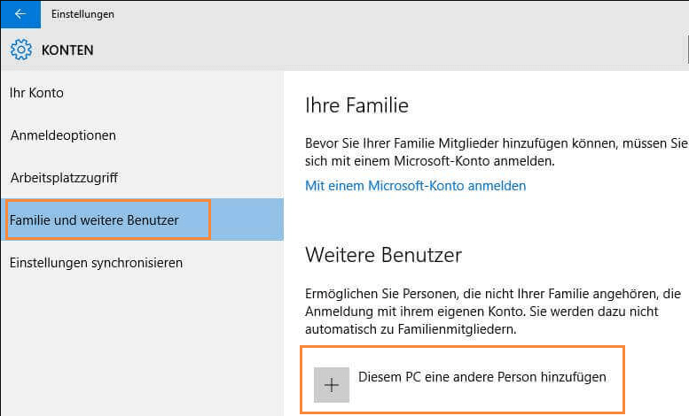 Die Datei bzw. der Ordner ist nicht vorhanden: Diesem PC eine andere Person hinzufügen