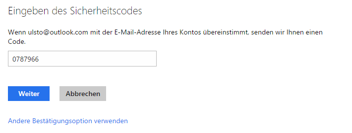 Microsoft konto wiederherstellen: Sicherheitscode eingeben