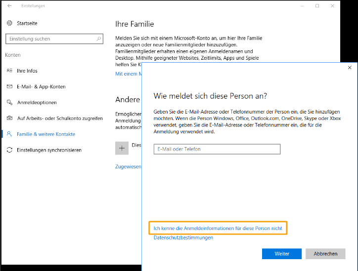 Die Datei bzw. der Ordner ist nicht vorhanden: ein neues Konto unter Windows erstellen