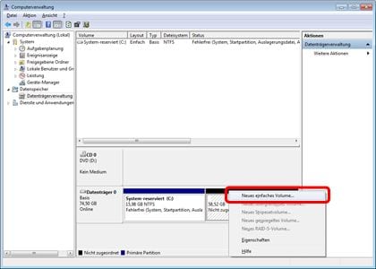 mit Windows Datenträgerverwaltung exFAT in NTFS konvertieren: Neues einfaches Volume erstellen