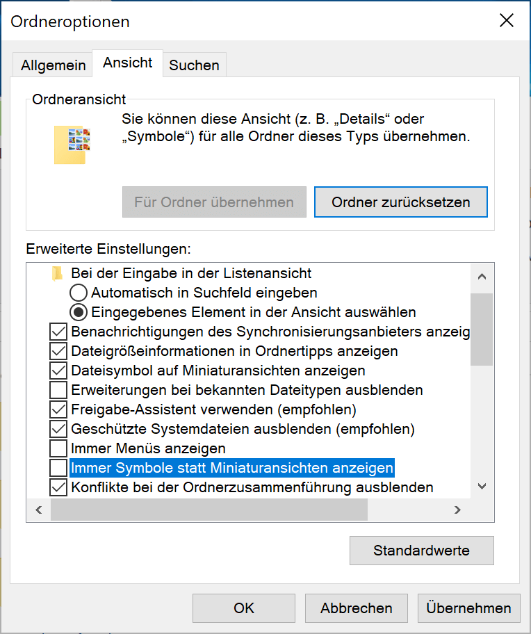 Miniaturansicht deaktivieren
