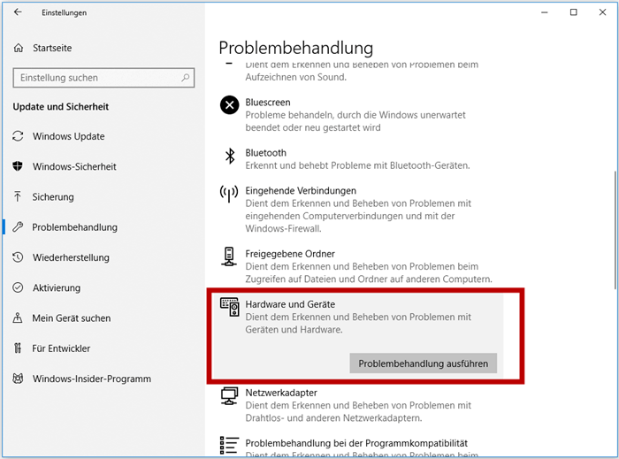 Problembehandlung Hardware und Geräte