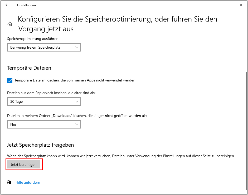 Speicheroptimierung ausführen