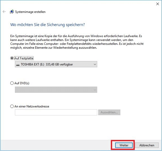 Windows Systemabbild auf einem Datenträger speichern.