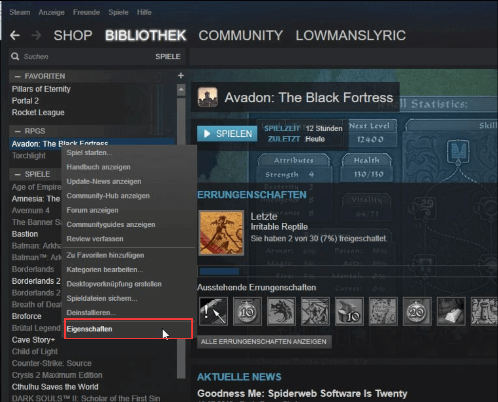 Eigenschaften der Spiele ändern.