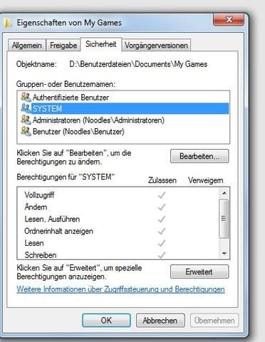 Berechtigungen für SYSTEM zulassen