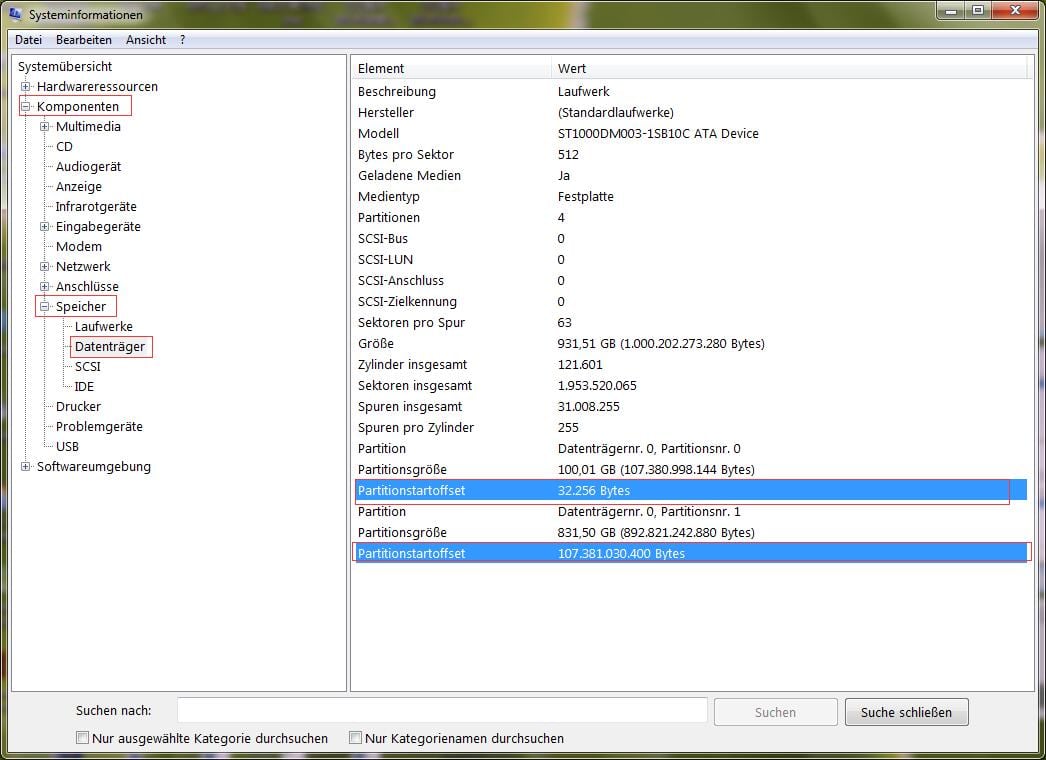 Partition Offset und 4K Ausrichtung überprüfen mit MSINFO32