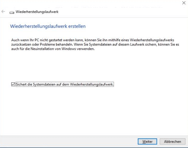 Sichert die Systemdateien auf dem Wiederherstellungslaufwerk