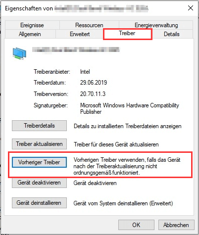 Treibersoftware in Geräte-Manager auf die vorherige Version zurücksetzen.