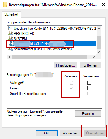 Windows Berechtigungen übernehmen