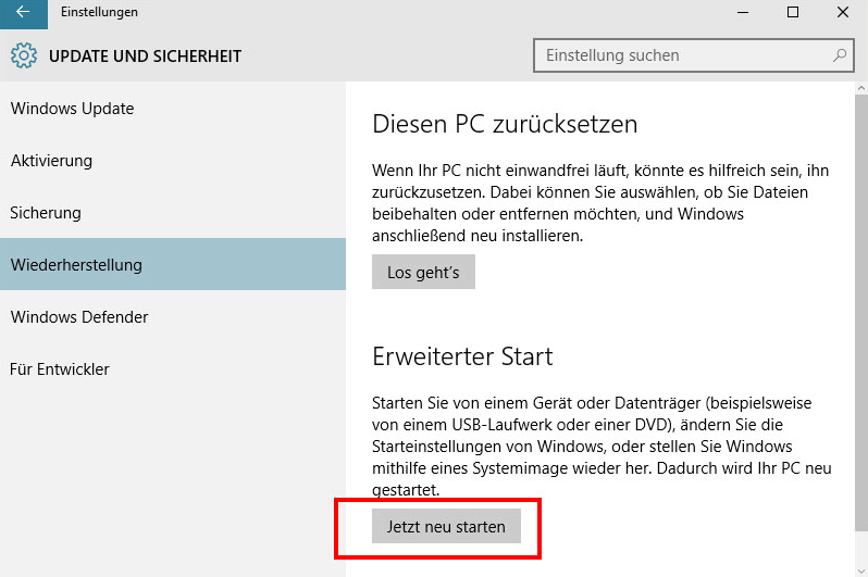 Den Computer bei Update und Sicherheit neu starten.