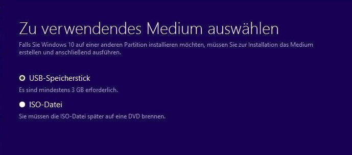 USB-Speicherstick als das Installationsmedium wählen.