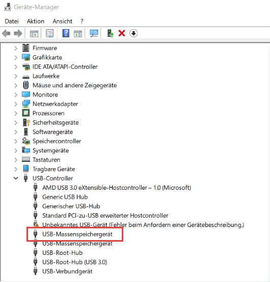 Auf USB Massenspeichergerät rechtsklicken und Eigenschaften wählen;