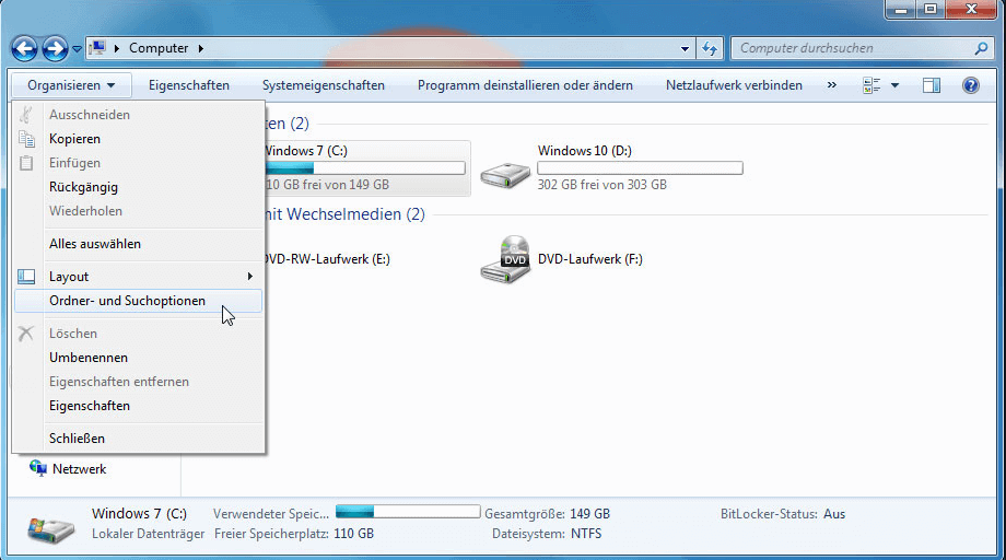 Netzlaufwerk nicht angezeigt: unter Windows 7 anzeigen Schritt 1