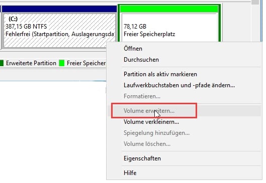 Volume erweitern ausgegraut