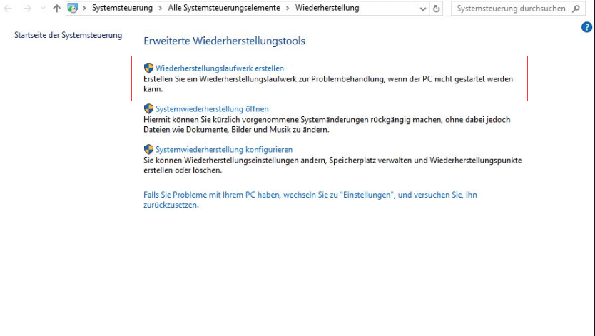 Windows Wiederherstellungslaufwerk erstellen