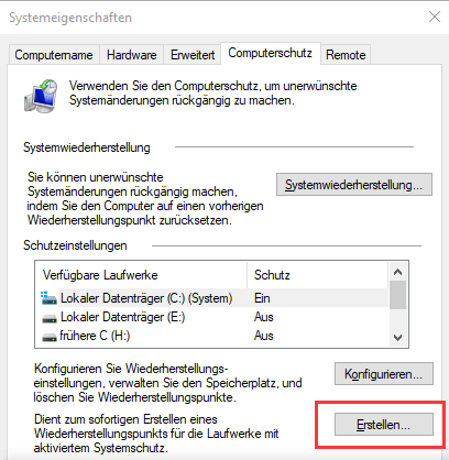 Wiederherstellungspunkt erstellen Schritt 2.