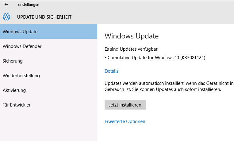 Windows 10 1511 auf 1607 aktualisieren: Schritt 2.