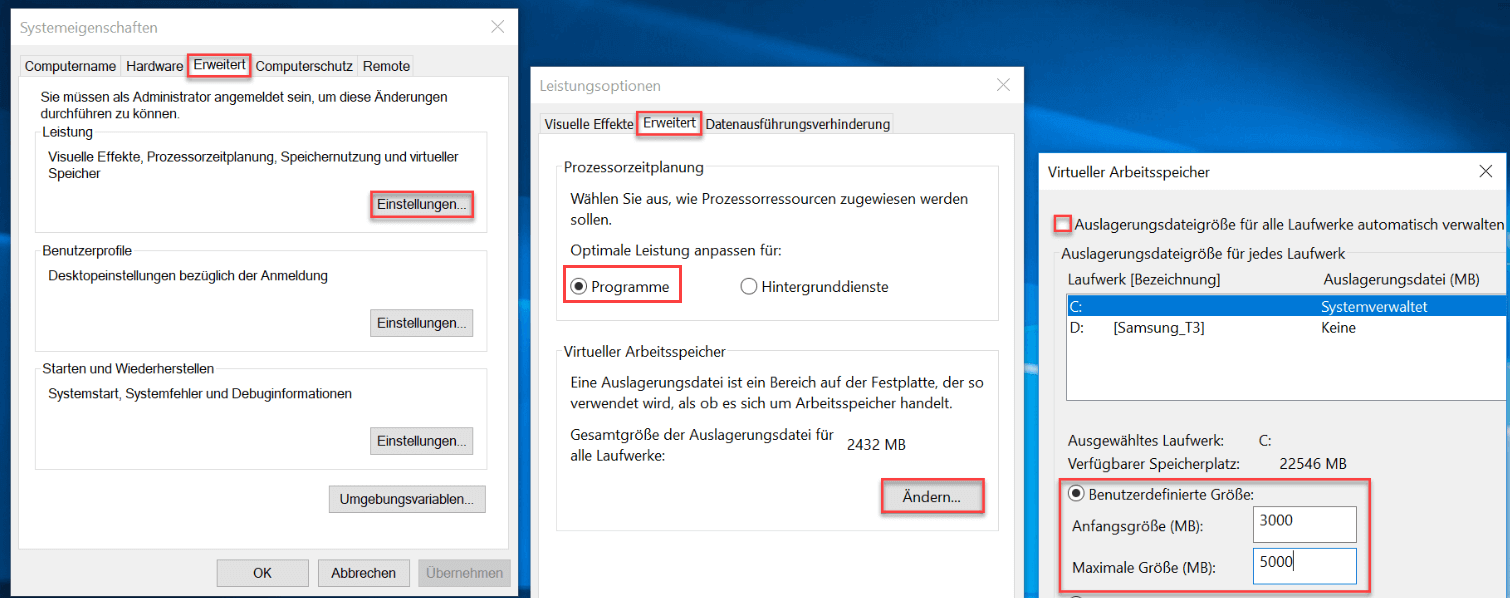 Windows 10 Leistungsoptionen ändern.