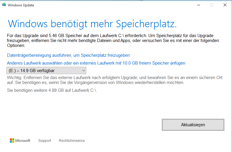 Fehlermeldung: Windows benötigt mehr Speicherplatz
