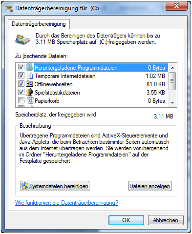 Mit Windows Datenträgerbereinigung die Dateien bereinigen