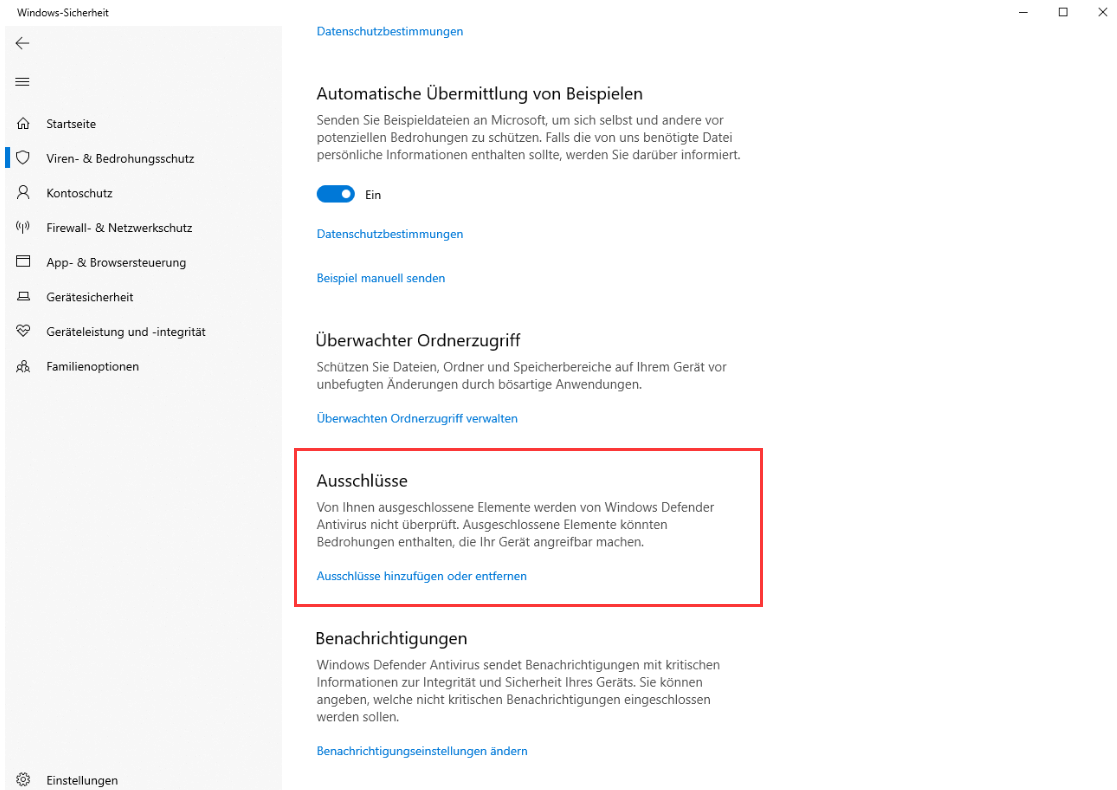 Ausschlüsse von Windows Defender auswählen.