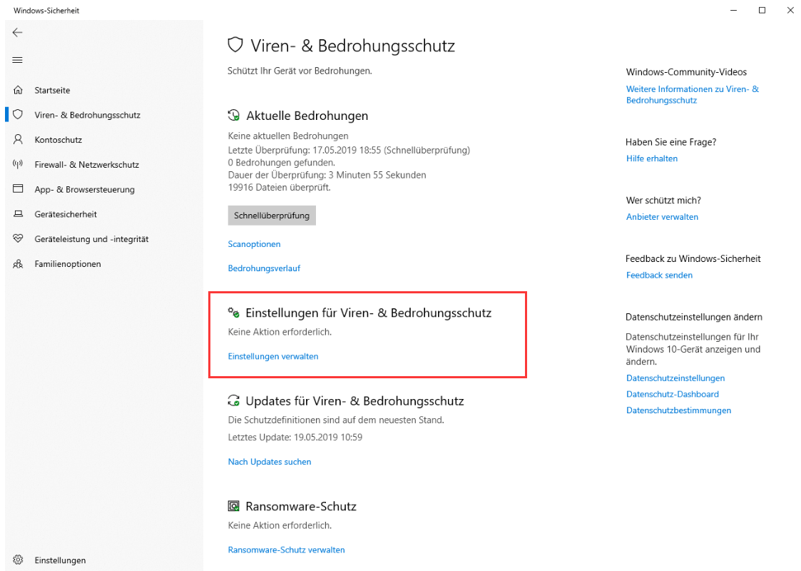 Windows Defender Einstellungen für Viren- und Bedrohungsschutz