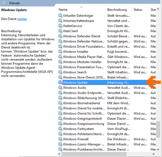 Das vorhergehende Windows 10 Update beenden: Windows Dienste öffnen.