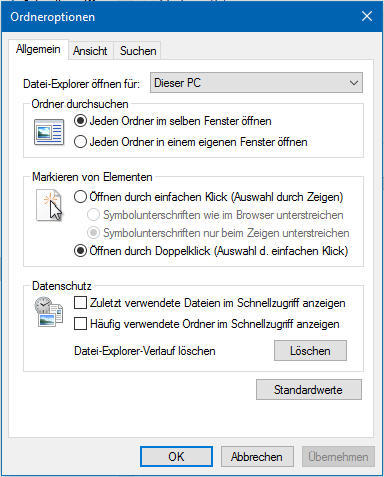 Schnellzugriff deaktivieren und Datei-Explorer für diesen PC öffnen