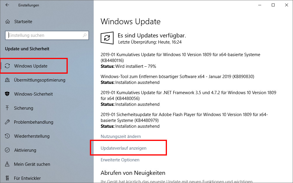 Windows Updateverlauf anzeigen