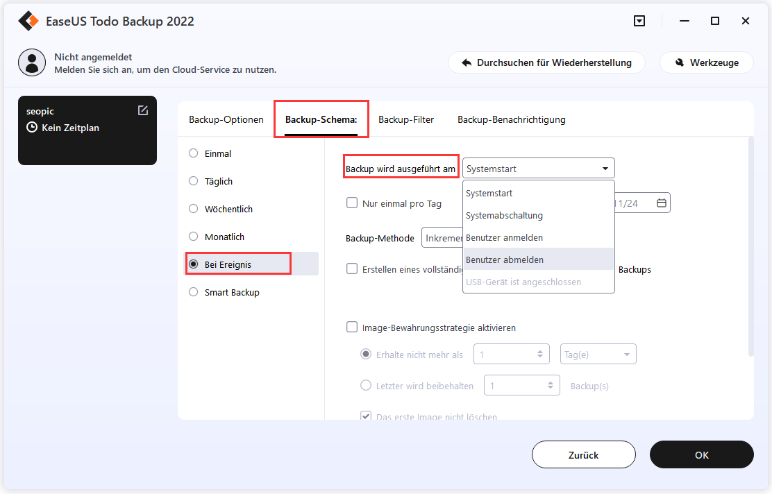 Einen Zeit-Plan für das System-Backup erstellen